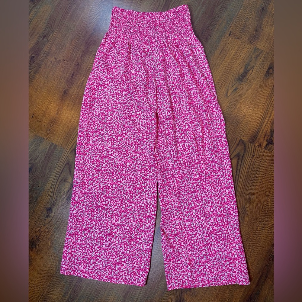🎀🌷 Pink & White Floral High Waist Wide Leg Palazzo Summer Pants 🌷🎀 NWT